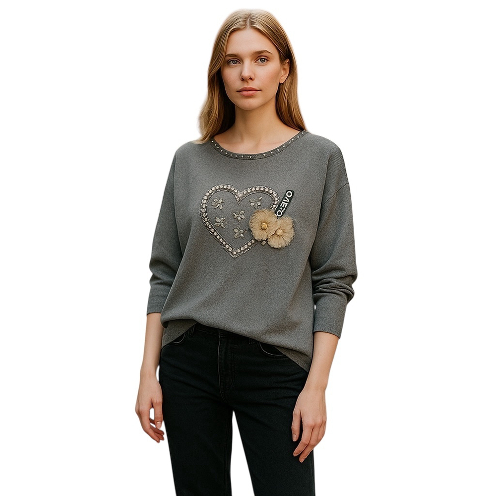 Haiboya Sweater Medium Gray Embellished Heart Pearls Long Dolman Sleeve Pullover